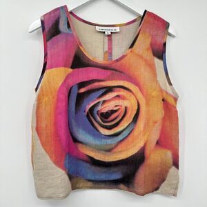 Caroline Rose Top Shirt Size Small 100% Linen Sleeveless Floral USA Blouse‎